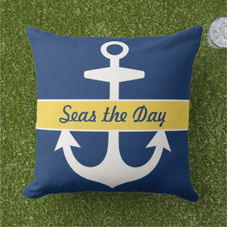 Nautische Navy Blue und Yellow Custom Bootname Kissen Für Draußen