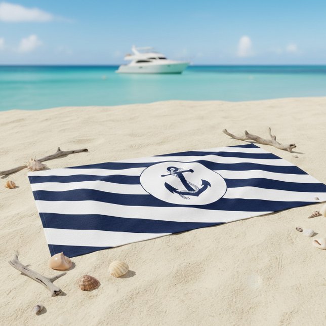 Nautische Navy Blue & White Stripe Anchor Strandtuch (Von Creator hochgeladen)