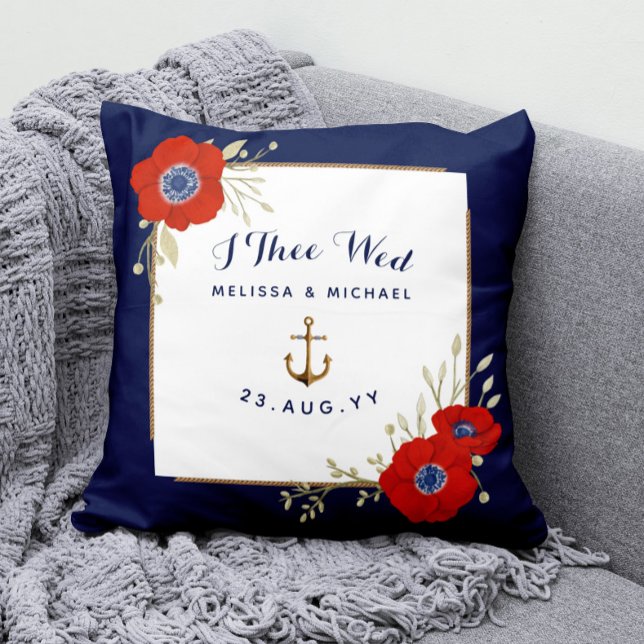 Nautische Navy & Red Anemones Ring Bearer Kissen (Dated Nautical Wedding Ring Bearer Keepsake Pillow with Watercolor Red Anemone and Anchor)