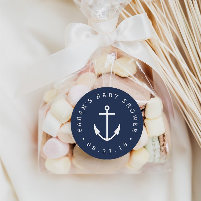 Nautische Navy und White Anchor Babydusche Runder Aufkleber (Von Creator hochgeladen)
