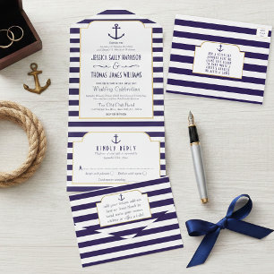 Nautische Navy- & weiße Anker-Hochzeitseinladung All In One Einladung