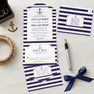 Nautische Navy- & Weiße Anker-Hochzeitseinladung All-in-One-Einladung
