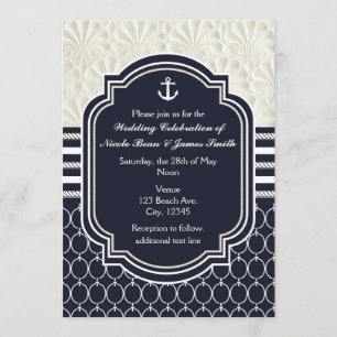 Nautische Navy & Weiße Elegante Strandhochzeit Einladung
