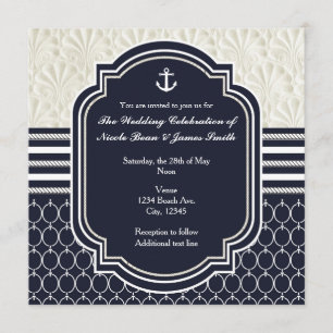 Nautische Navy & Weiße elegante Strandhochzeit Einladung