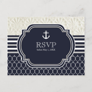 Nautische Navy- & Weiße elegante Strandhochzeit RS Einladungspostkarte
