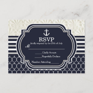 Nautische Navy & Weiße elegante Strandhochzeit RSVP Karte