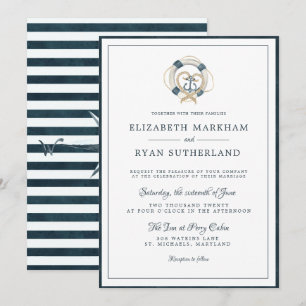Nautische Navy & Weiße Hochzeit Verankert in Lie Einladung