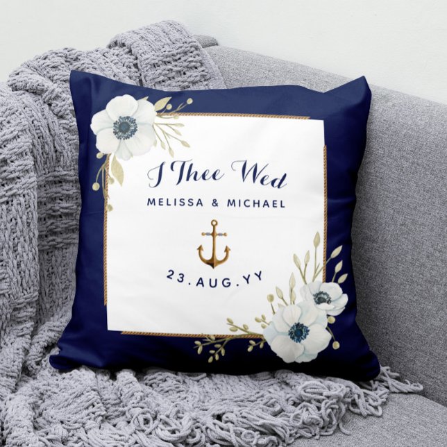 Nautische Navy & White Anemones Ring Bearer Kissen (Nautical Wedding Ring Bearer Keepsake Pillow with Watercolor White Anemone Flowers and Anchor)