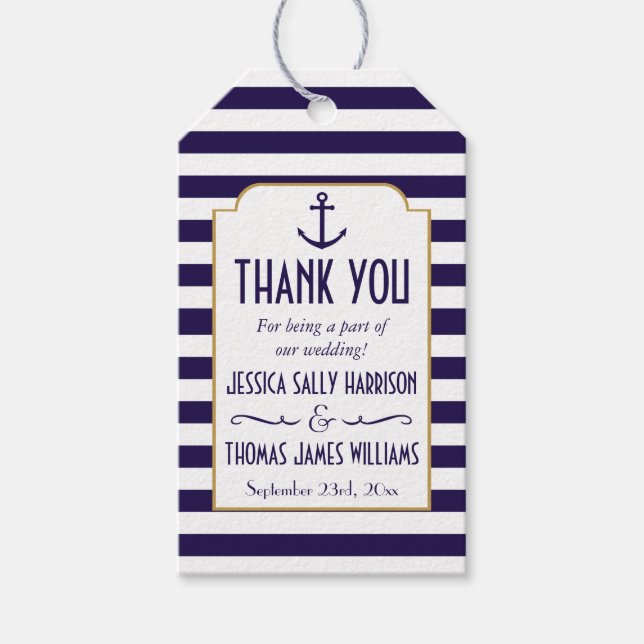 Nautische Navy & White Strip Anker Gastgeschenk Ho Geschenkanhänger (Vorderseite)