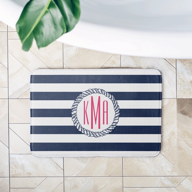 Nautische Navy & White Strip mit rosa Monogramm Badematte (Von Creator hochgeladen)