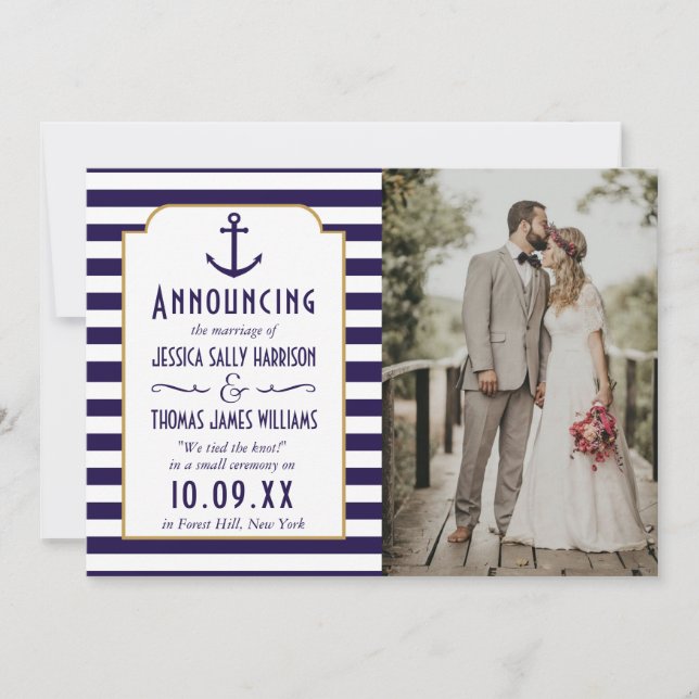Nautische Navy & White Stripe Anchor Hochzeitsstif Ankündigung (Vorderseite)