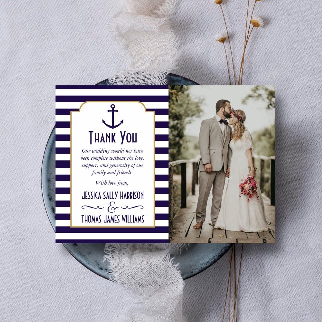 Nautische Navy & White Stripe Anchor Hochzeitsstif Dankeskarte (Von Creator hochgeladen)