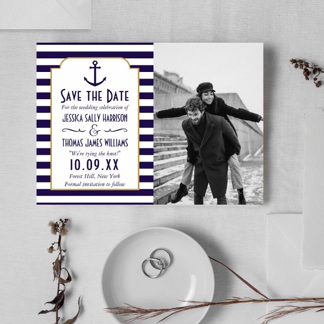 Nautische Navy & White Stripe Anchor Hochzeitsstif Save The Date (Von Creator hochgeladen)
