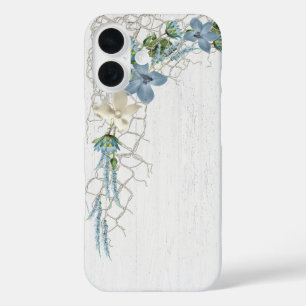 Nautische Netze und Blume auf weißem Holz iPhone 16 Hülle