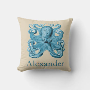 Nautische Oktopus in Blau und Tan Kissen