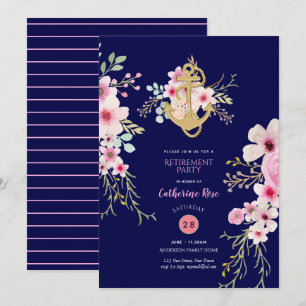 Nautische Pensionierung lädt Navy Blue Pink Floral Einladung