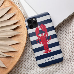 Nautische Preppy Navy Stripe & Lobster Monogramm iPhone 16 Hülle