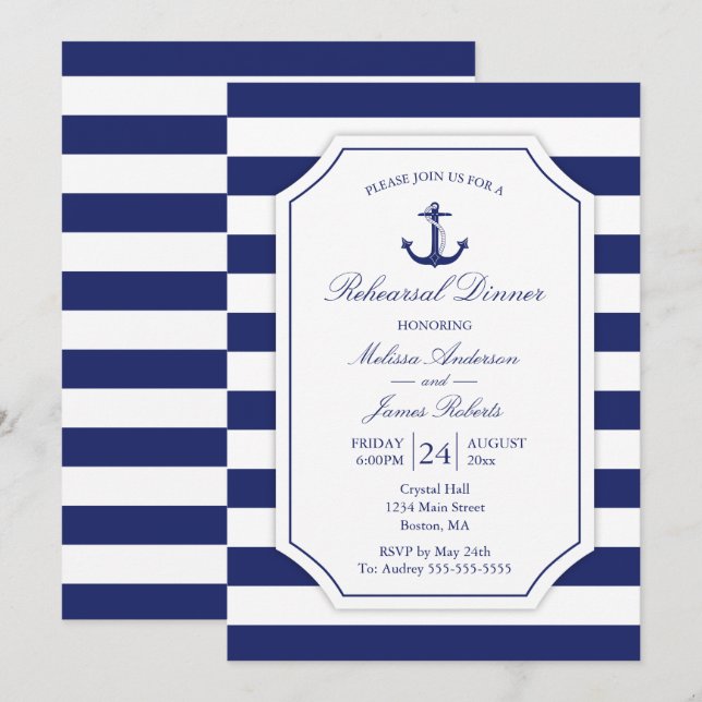 Nautische Probe Dinner Anchor Navy Hochzeit Einladung (Vorne/Hinten)