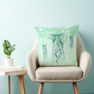 Nautische Qualle Meergrün Aquarell Kissen