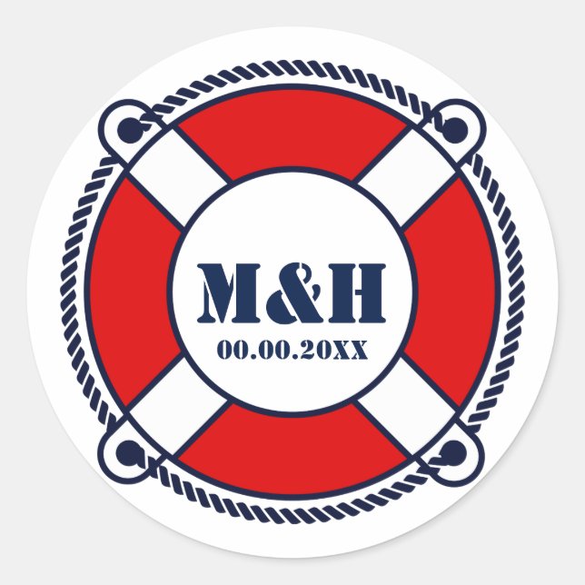Nautische Rettungsring-Boy Monogramm Hochzeitstick Runder Aufkleber (Vorderseite)