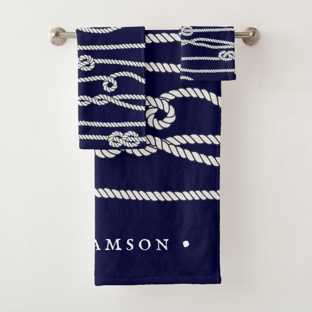 Nautische Ropes Navy & White Family Name Badhandtuch Set (Insitu)