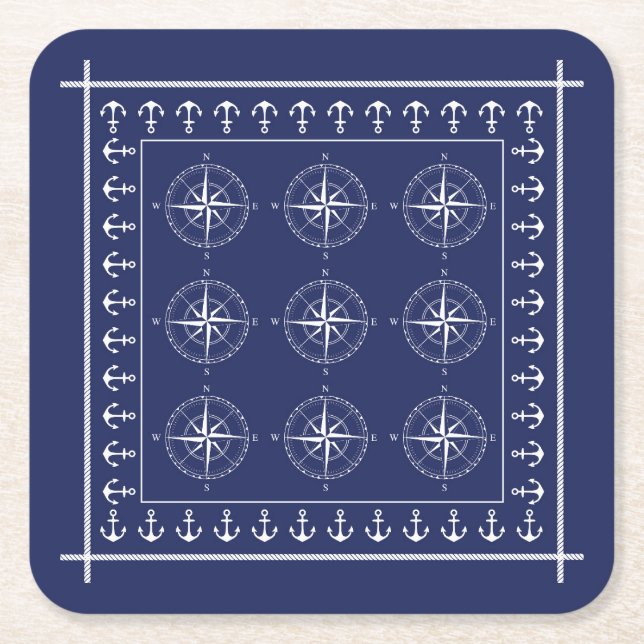 Nautische Schiffe Kompass und Anker Navy Blue Rechteckiger Pappuntersetzer (Vorderseite)