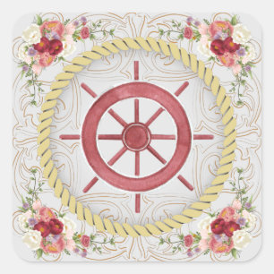 Nautische Schiffsmühle und -florale Rosette Quadratischer Aufkleber