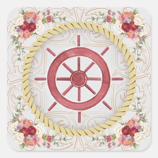 Nautische Schiffsmühle und -florale Rosette Quadratischer Aufkleber (Vorderseite)