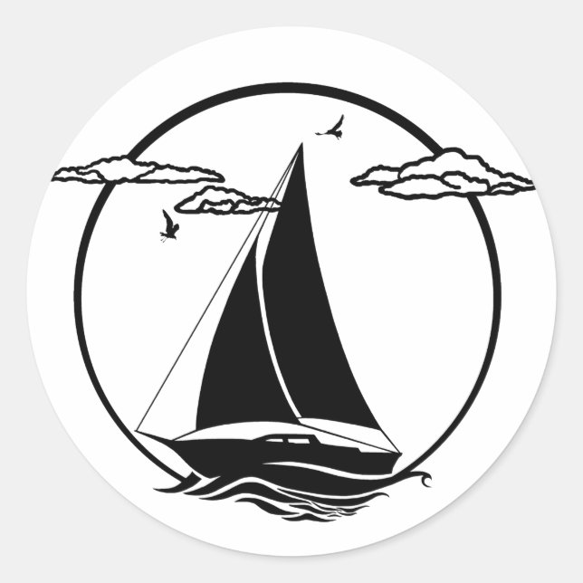 Nautische Schwarz/Weiß-Silhouette Anker/Segelboot Runder Aufkleber (Vorderseite)