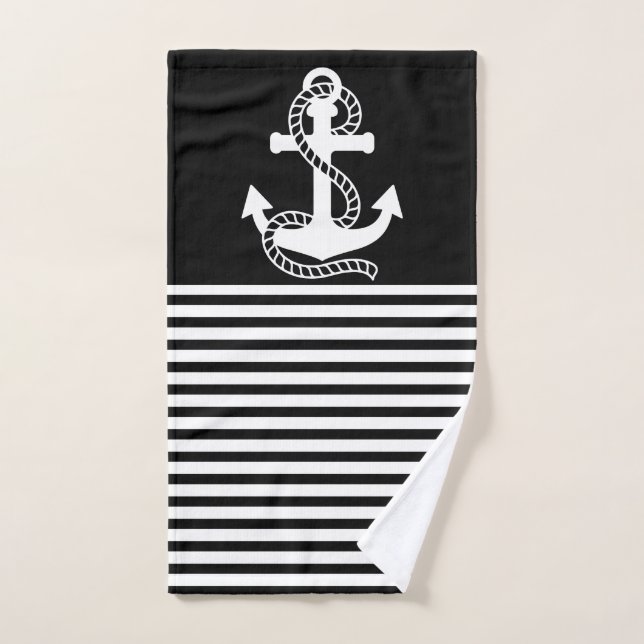 Nautische Schwarz-weiße Streifen und weißer Anker Badhandtuch Set (Handtuch)