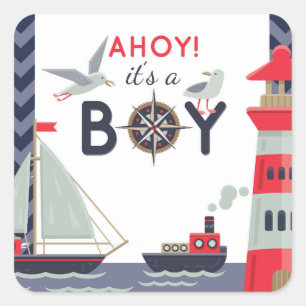 Nautische Segelboot-Ahah-Baby-Party-Einladung Quadratischer Aufkleber