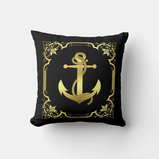 Nautische Segelbootanker Silhouette/Gold/Schwarz Kissen (Vorderseite)