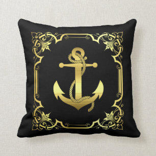 Nautische Segelbootanker Silhouette/Gold/Schwarz Kissen