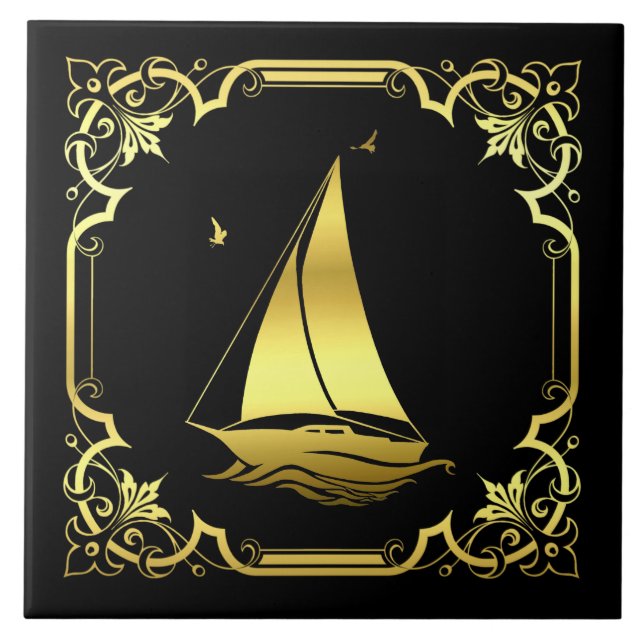 Nautische Segelboote Silhouette/Gold/Schwarz Fliese (Vorderseite)