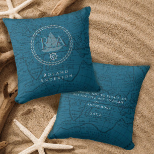 Nautische Seil-Monogramm-Karte Blau Kissen