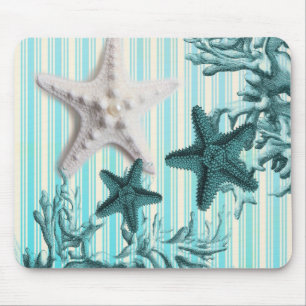 nautische Streifen aquablau Seestern Muscheln Mousepad