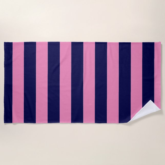 Nautische Streifen Navy Blue und Light Pink Strandtuch (Vorderseite)