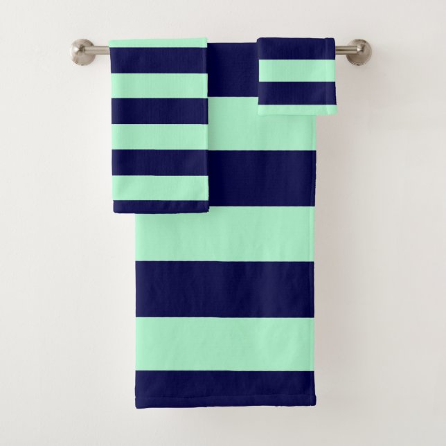 Nautische Streifen Navy Blue und Minze Green Badhandtuch Set (Insitu)