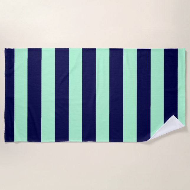 Nautische Streifen Navy Blue und Minze Green Strandtuch (Vorderseite)