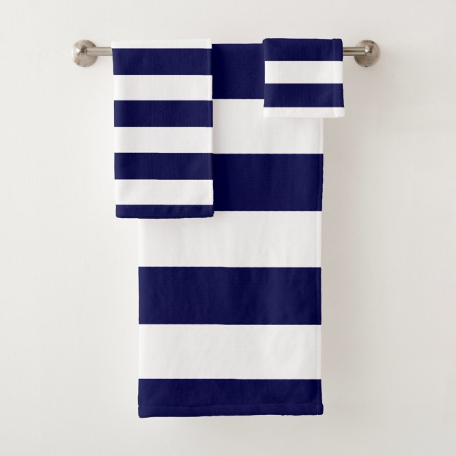 Nautische Streifen Navy Blue und White Badhandtuch Set (Insitu)