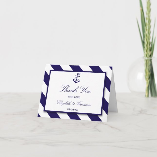 Nautische Streifen und Hochzeit des Navy Blue Anch Dankeskarte (Vorderseite)