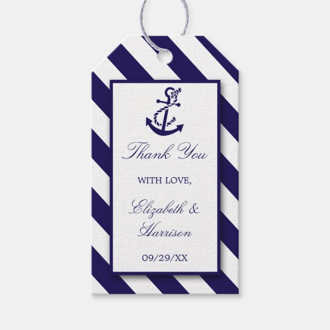 Nautische Streifen und Hochzeit des Navy Blue Anch Geschenkanhänger (Vorderseite)