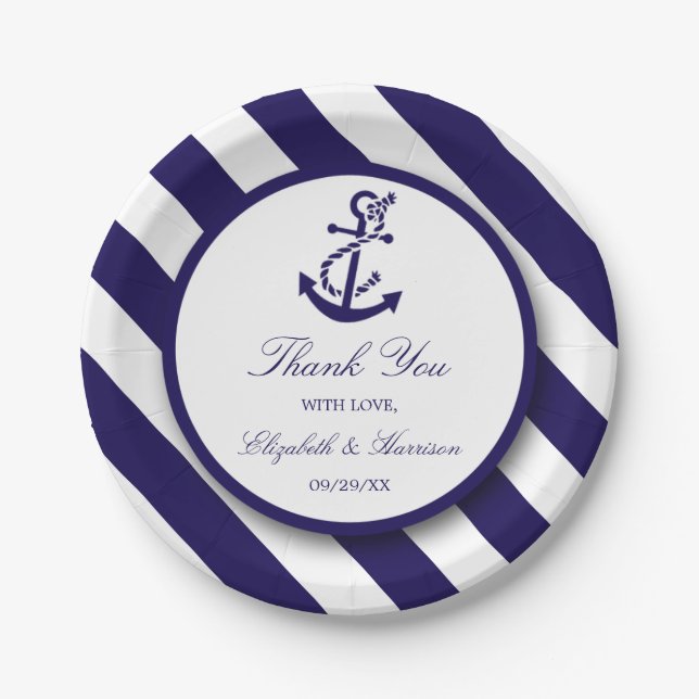Nautische Streifen und Hochzeit des Navy Blue Anch Pappteller (Vorderseite)
