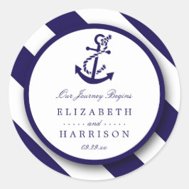 Nautische Streifen und Hochzeit des Navy Blue Anch Runder Aufkleber