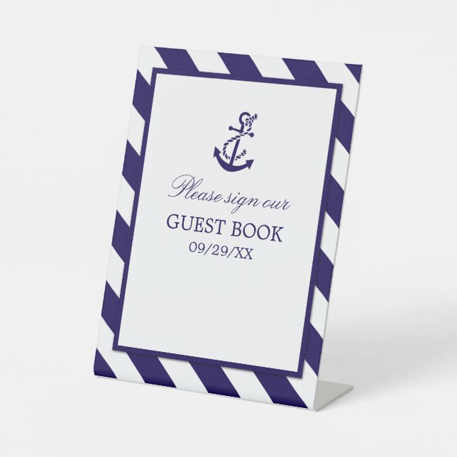 Nautische Streifen und Hochzeit des Navy Blue Anch Sockelschild (Vorderseite)