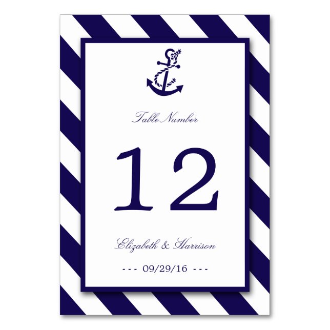Nautische Streifen und Hochzeit des Navy Blue Anch Tischnummer (Vorderseite)