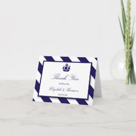 Nautische Streifen und Hochzeit eines blauen Schif Dankeskarte