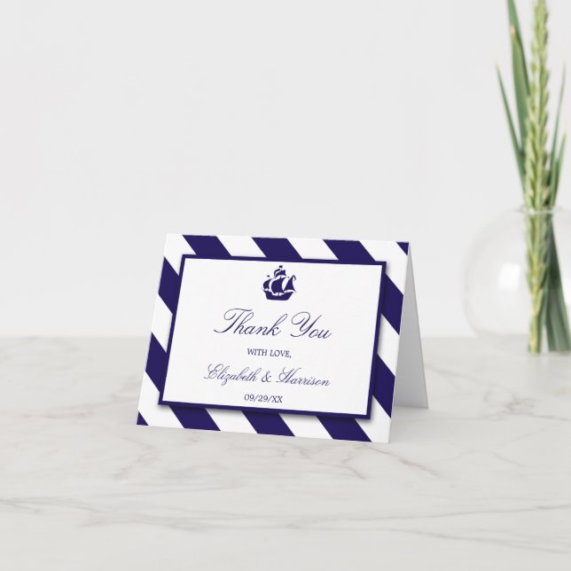 Nautische Streifen und Hochzeit eines blauen Schif Dankeskarte (Vorderseite)