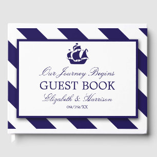 Nautische Streifen und Hochzeit eines blauen Schif Gästebuch