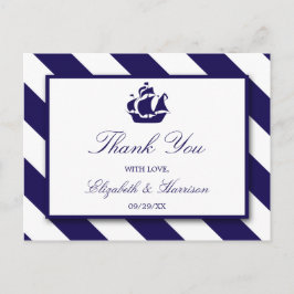 Nautische Streifen und Hochzeit eines blauen Schif Postkarte